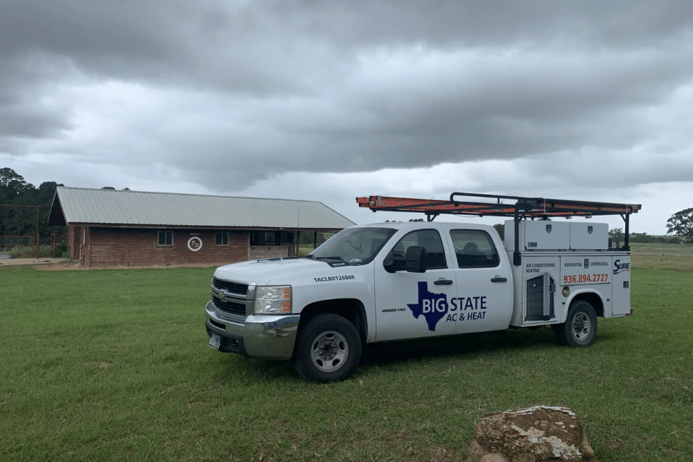 Big State AC and Heating Co. service truck for AC installation in Plantersville, TX